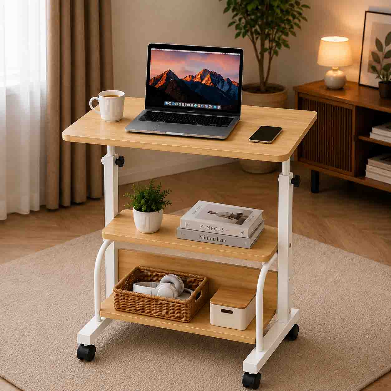 Double Layer Adjustable Table Wood With White Stand